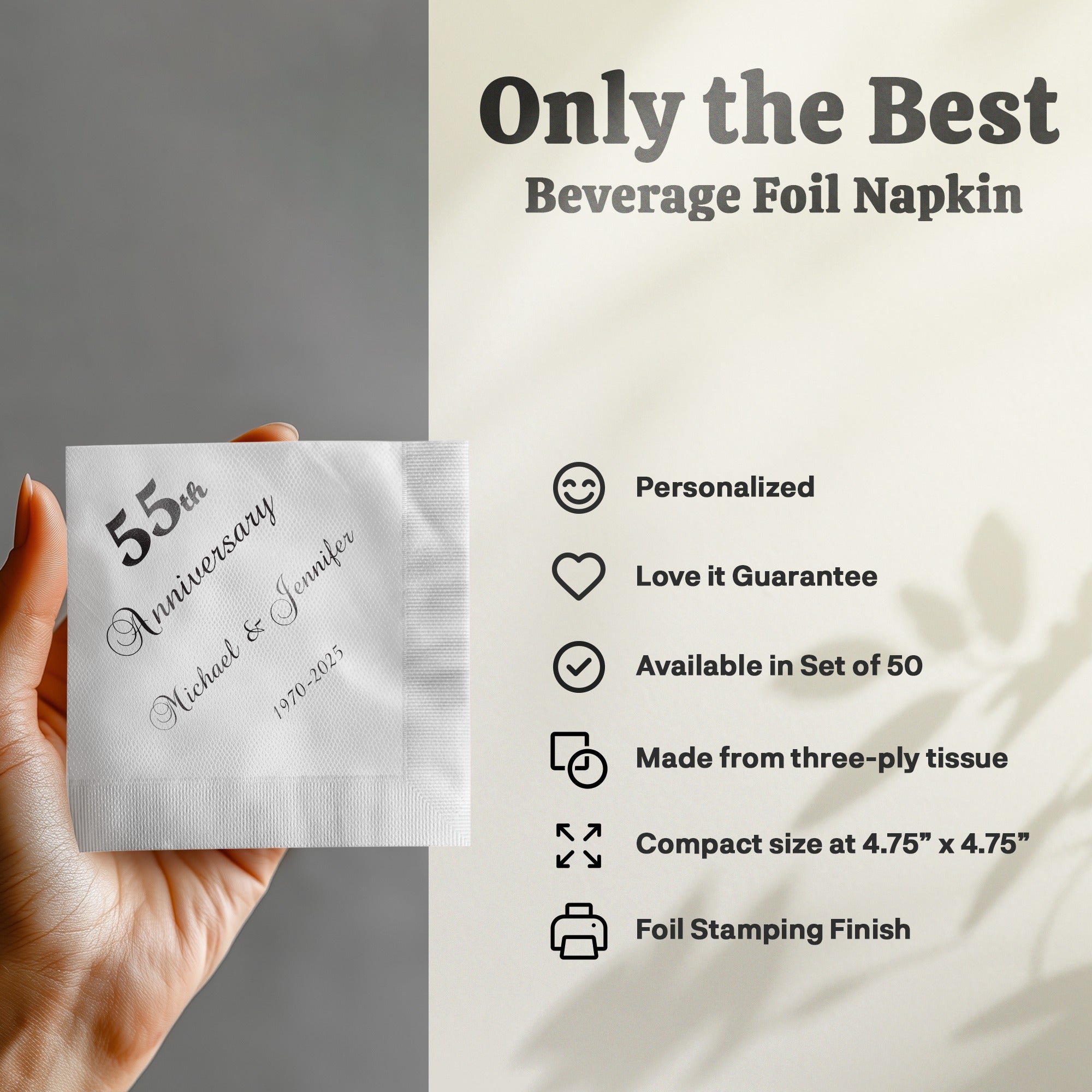 Personalized 55th Anniversary beverage foil napkin with "Michael & Jennifer 1970-2025".