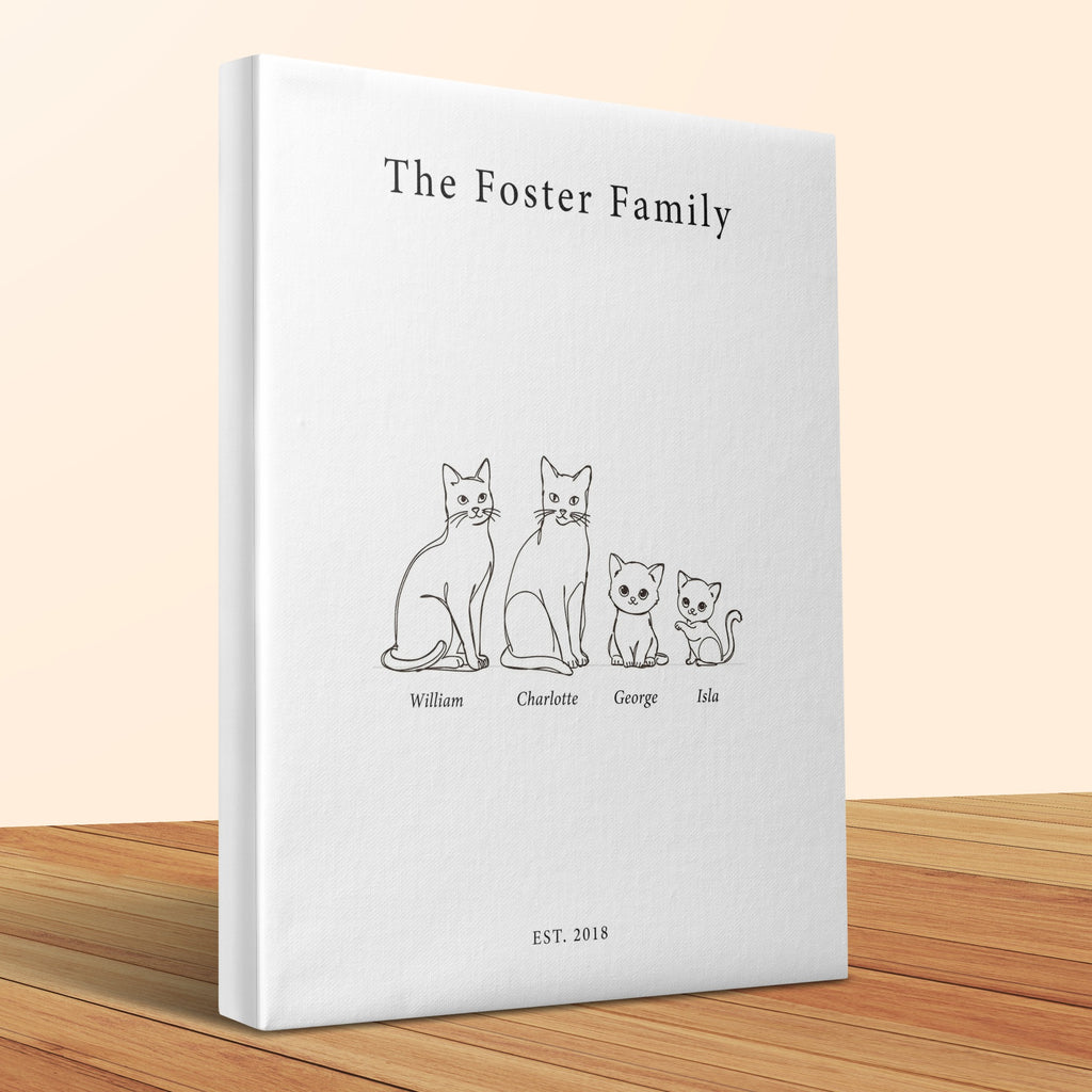 "The Foster Family" canvas with line drawings of four cats named William, Charlotte, George, and Isla.