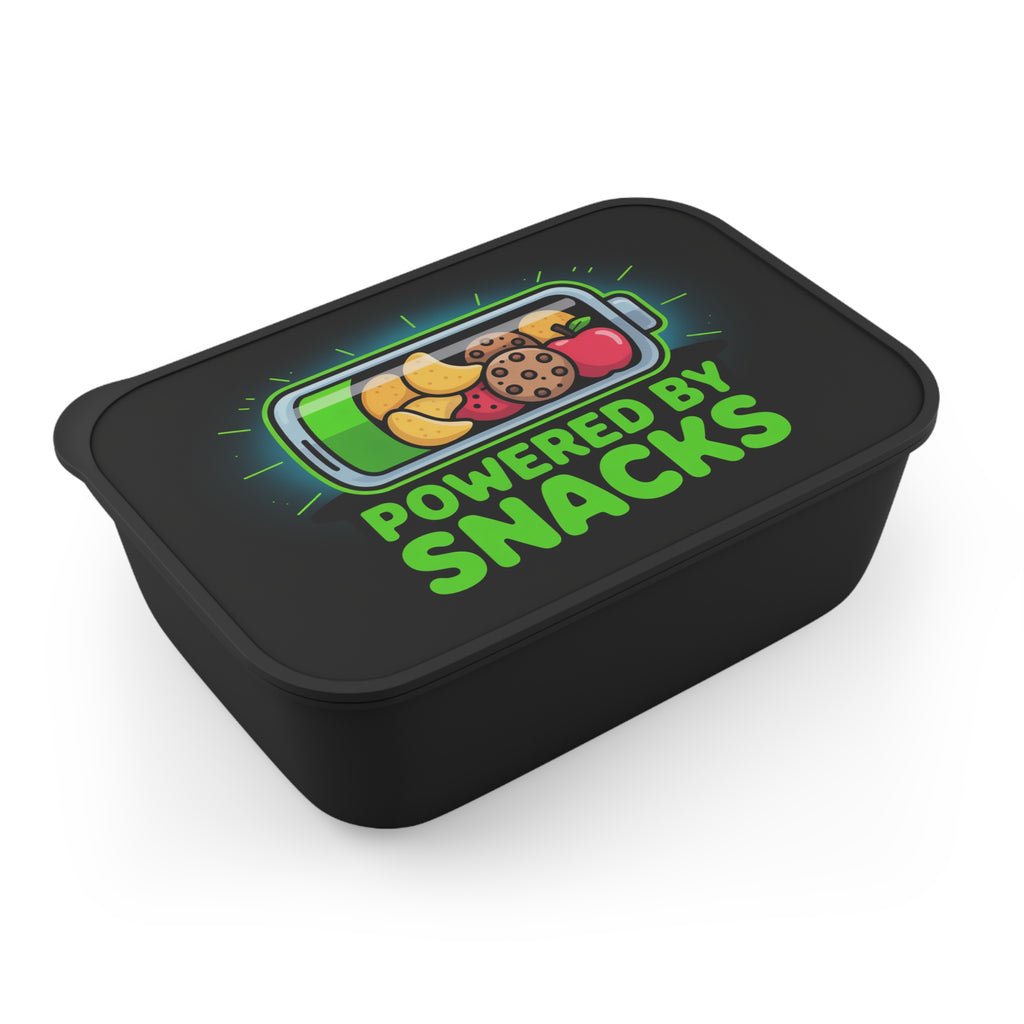 Black lunchbox with a battery icon filled with snacks and text "Powered by Snacks".