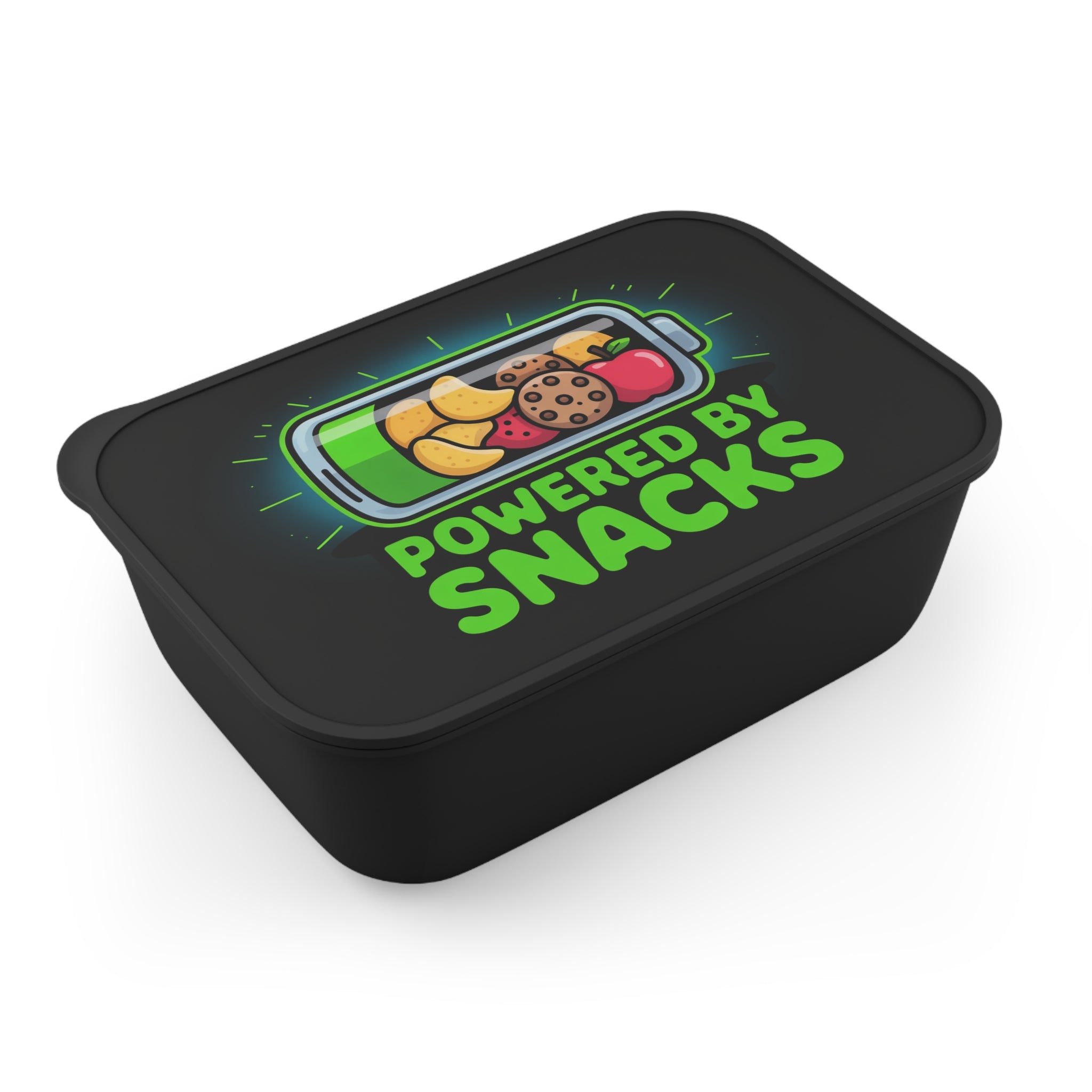 Black lunchbox with a battery icon filled with snacks and text "Powered by Snacks".