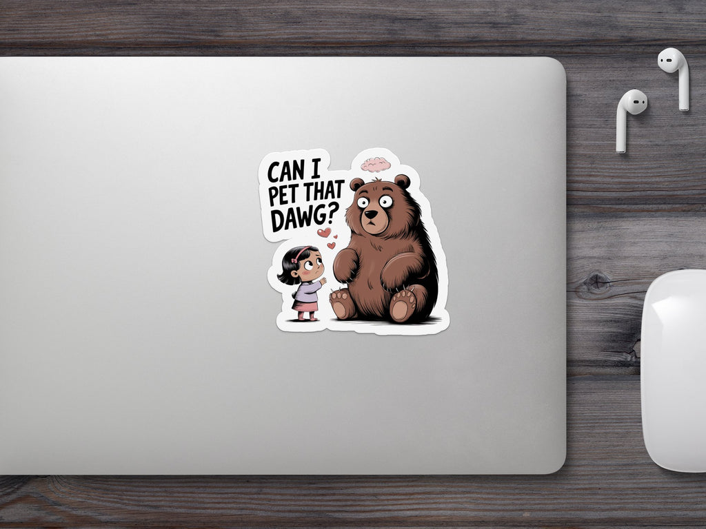 Illustration of a girl asking a bear "Can I pet that dawg?".