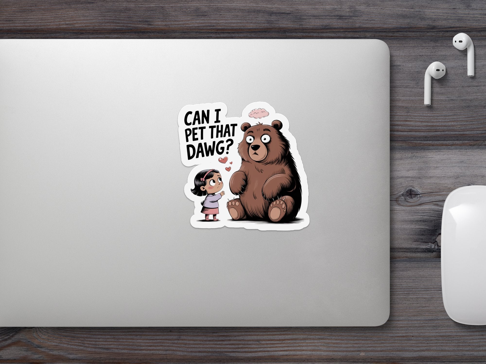 Illustration of a girl asking a bear "Can I pet that dawg?".