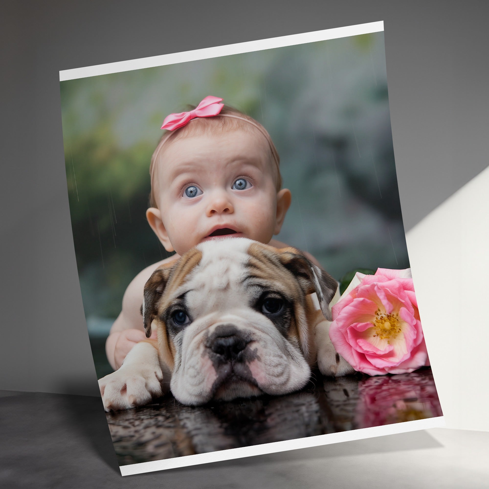 Baby with bulldog puppy and pink rose.