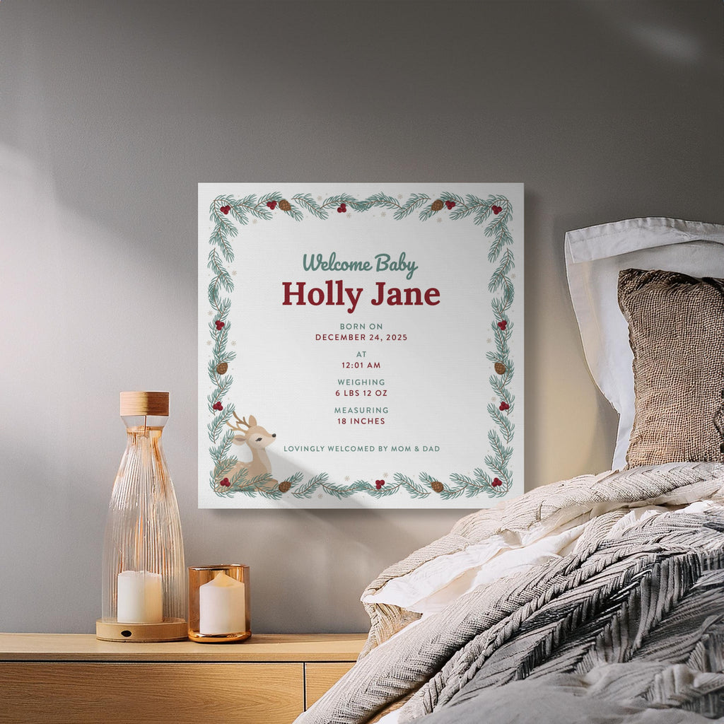 Baby Holly Jane birth announcement featuring a reindeer and festive garland.