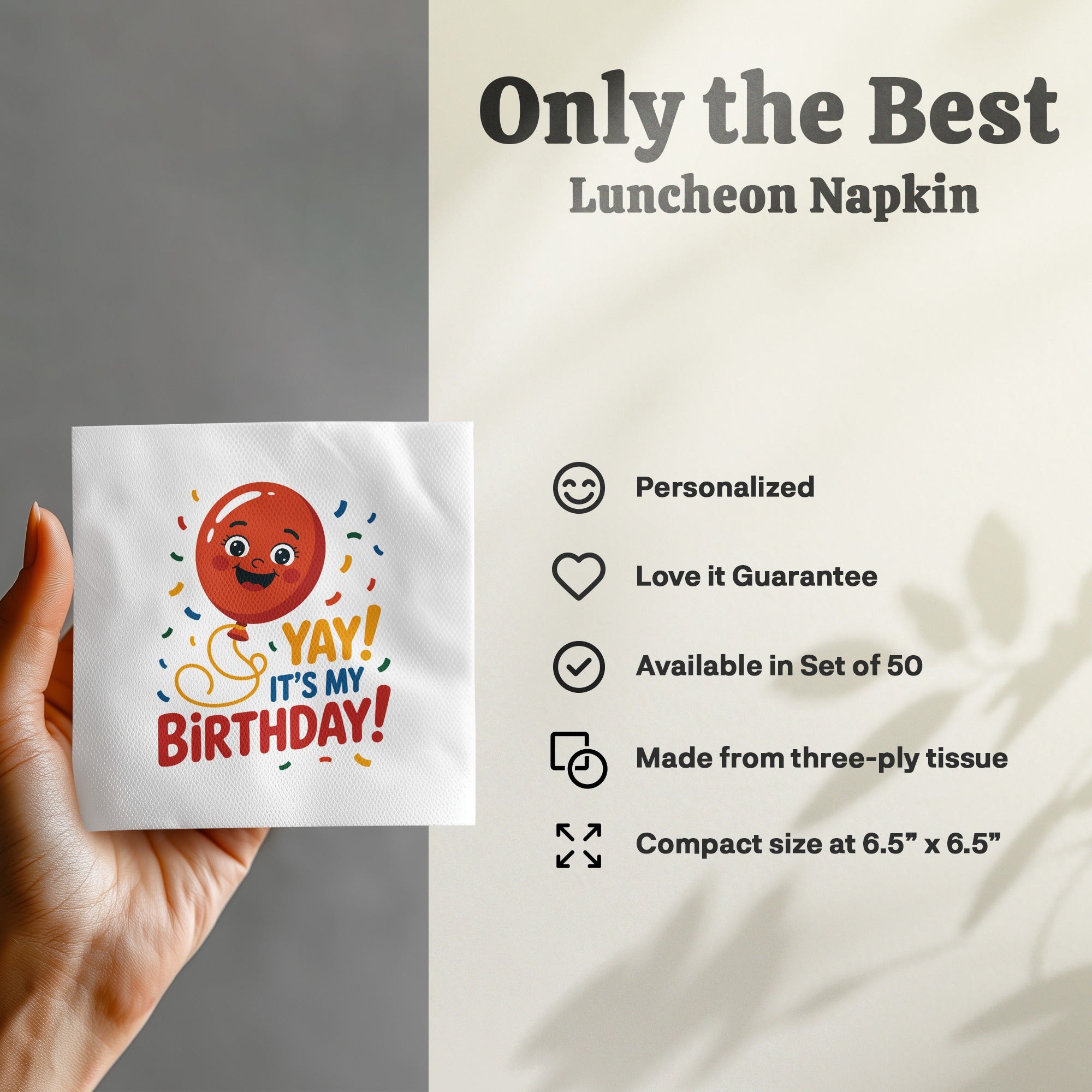 Luncheon napkin with "YAY! IT'S MY BIRTHDAY!" and balloon graphic.