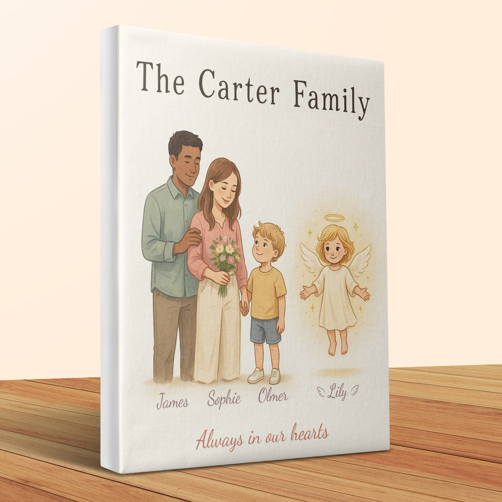 Custom canvas print of the Carter family with an angel, names James, Sophie, Olmer, Lily.