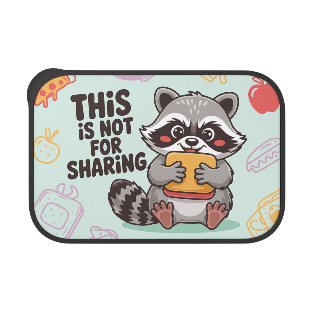 Cute raccoon holding a sandwich, with food illustrations and text.