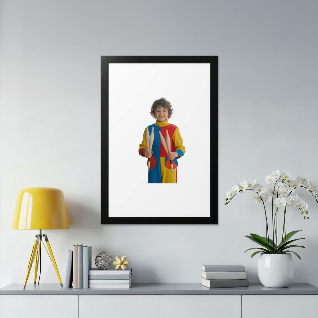 Boy in colorful outfit holding juggling pins against white wall.