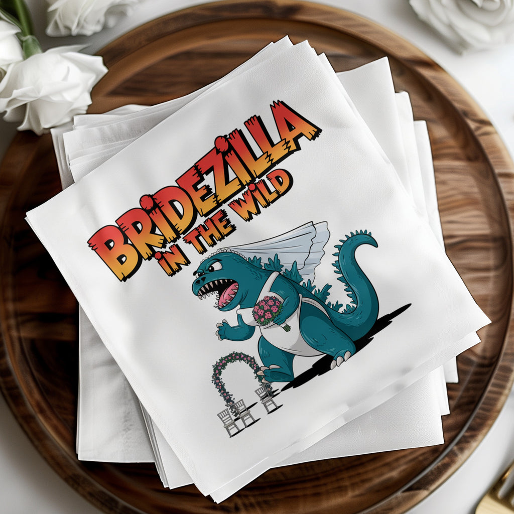 Bridezilla in the wild cartoon dinosaur in wedding dress holding bouquet.
