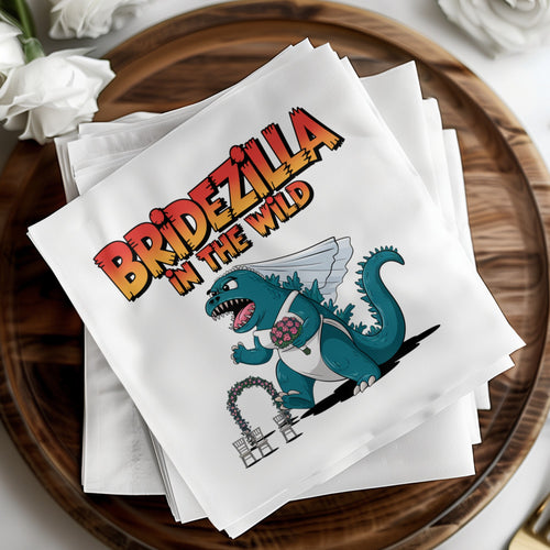 Bridezilla in the wild cartoon dinosaur in wedding dress holding bouquet.