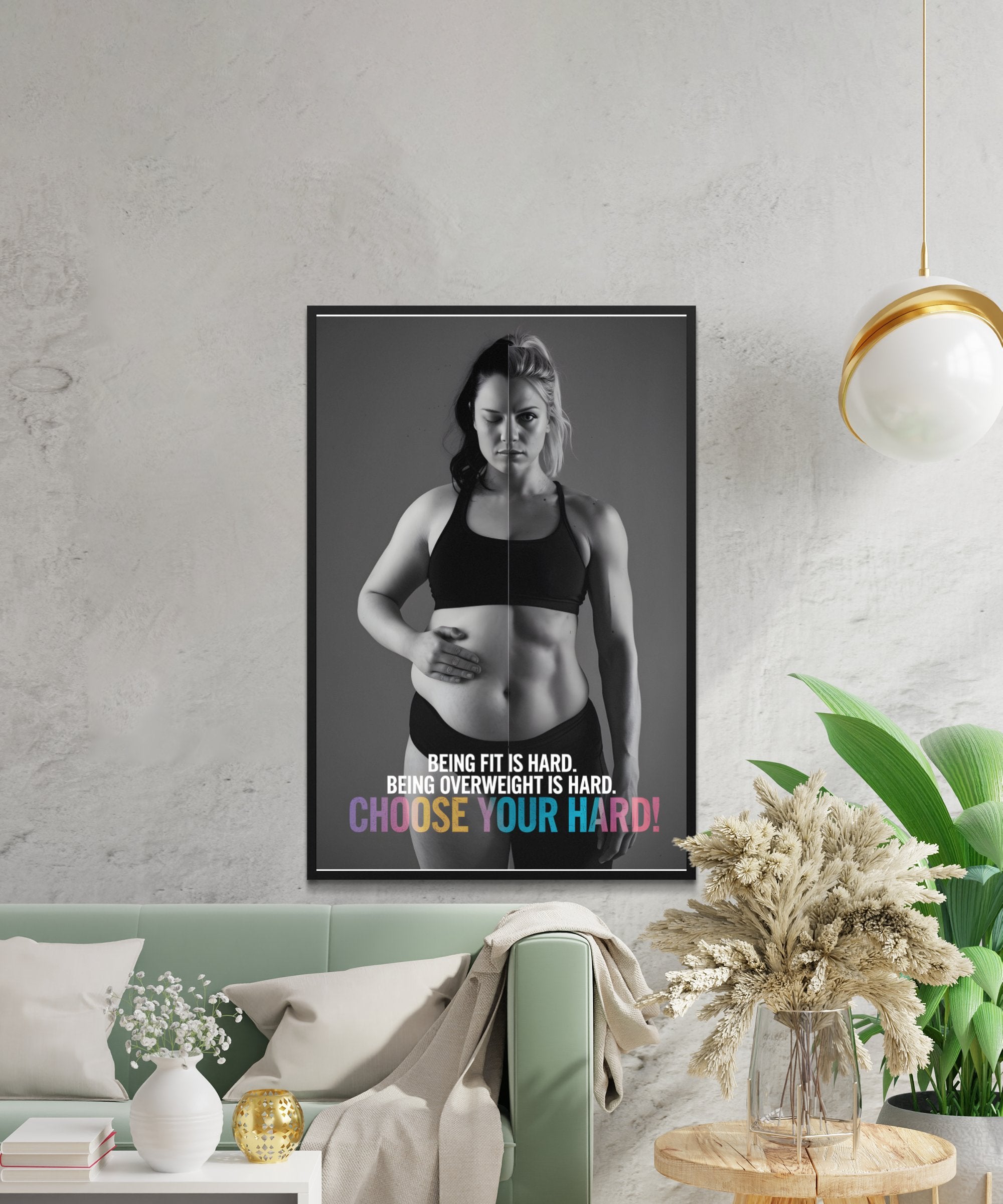 Split image showing a woman's front and side profile with fitness motivation text.