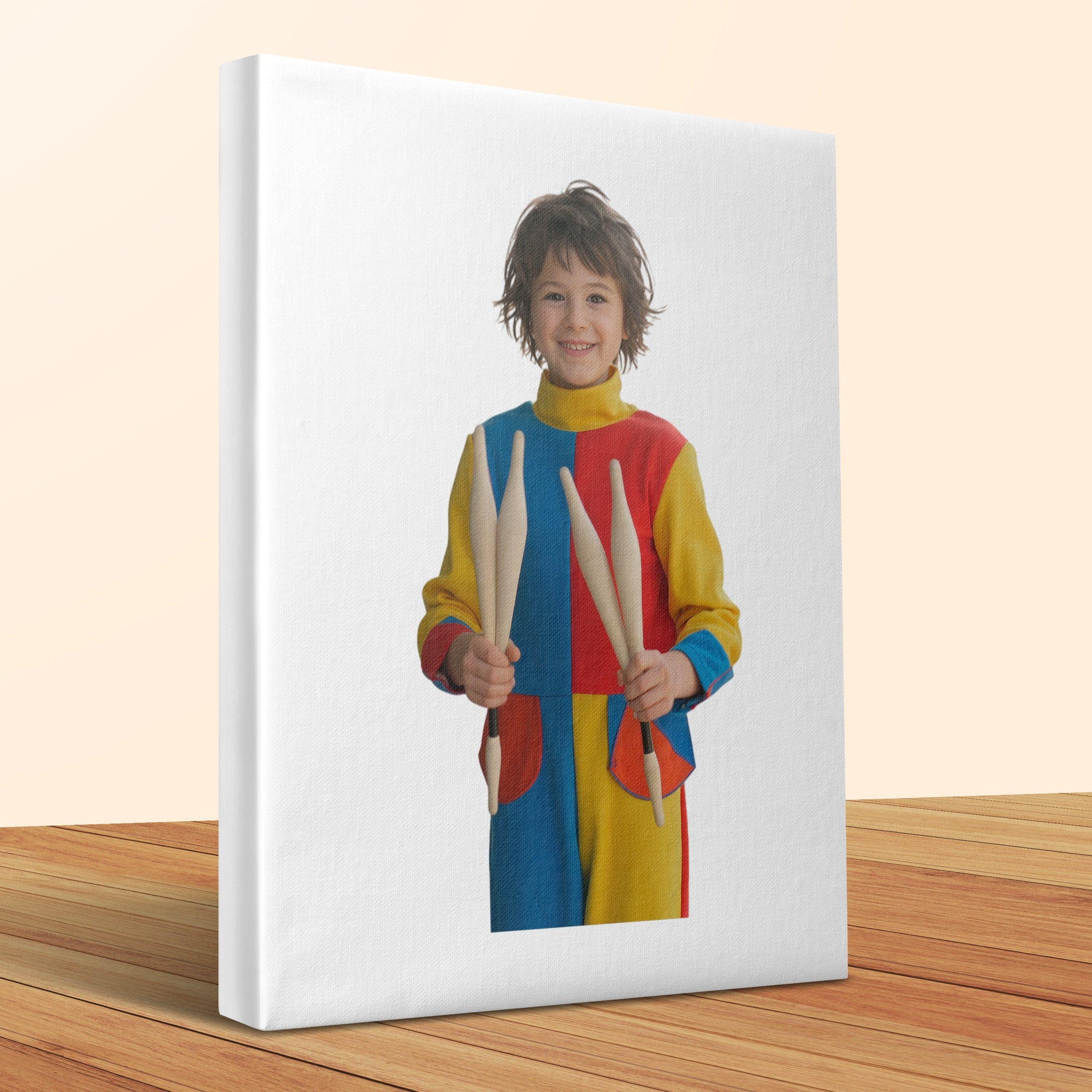 Smiling child in colorful costume holding juggling pins.