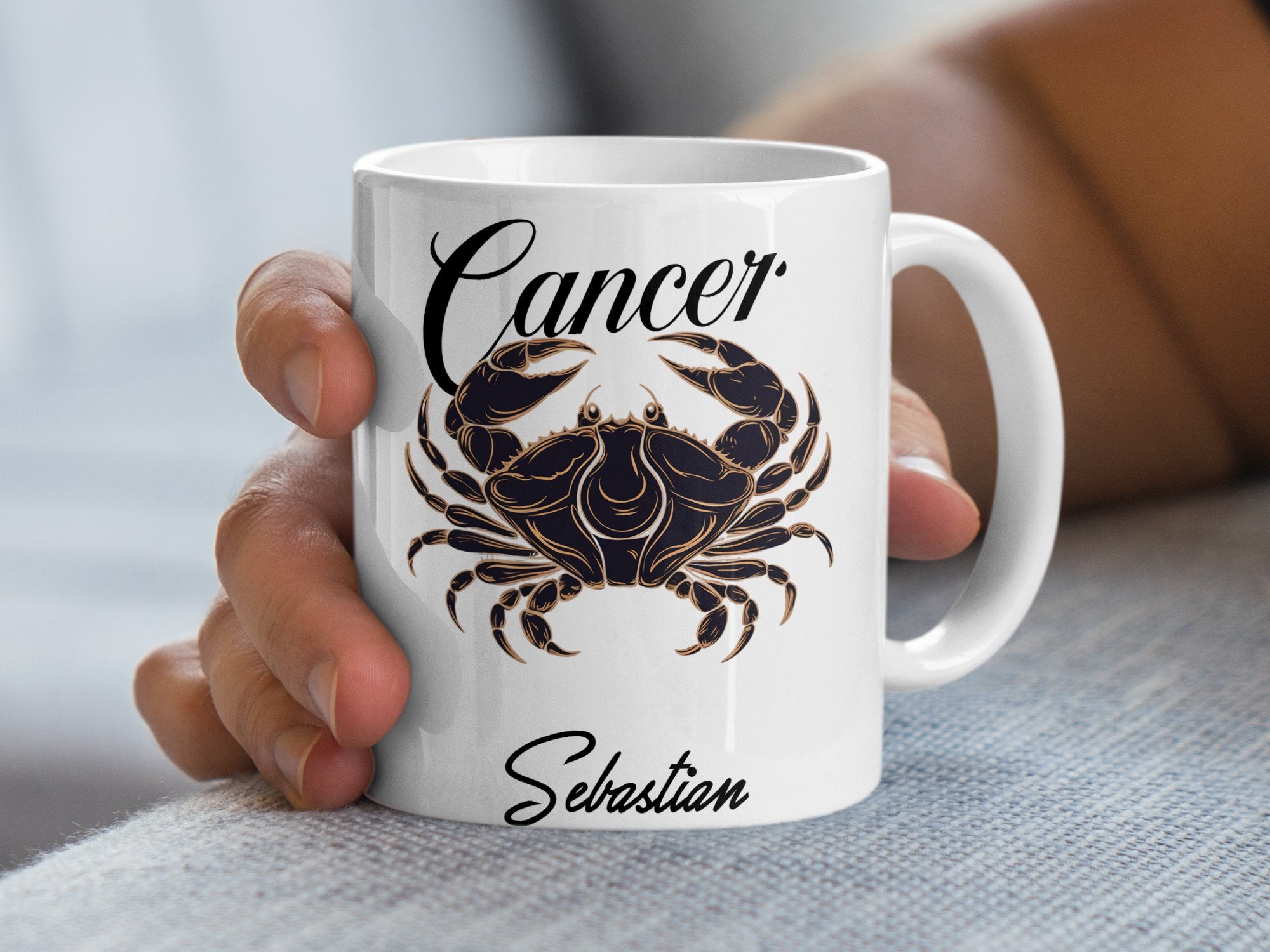 White mug with "Cancer" and a crab design, personalized with "Sebastian".