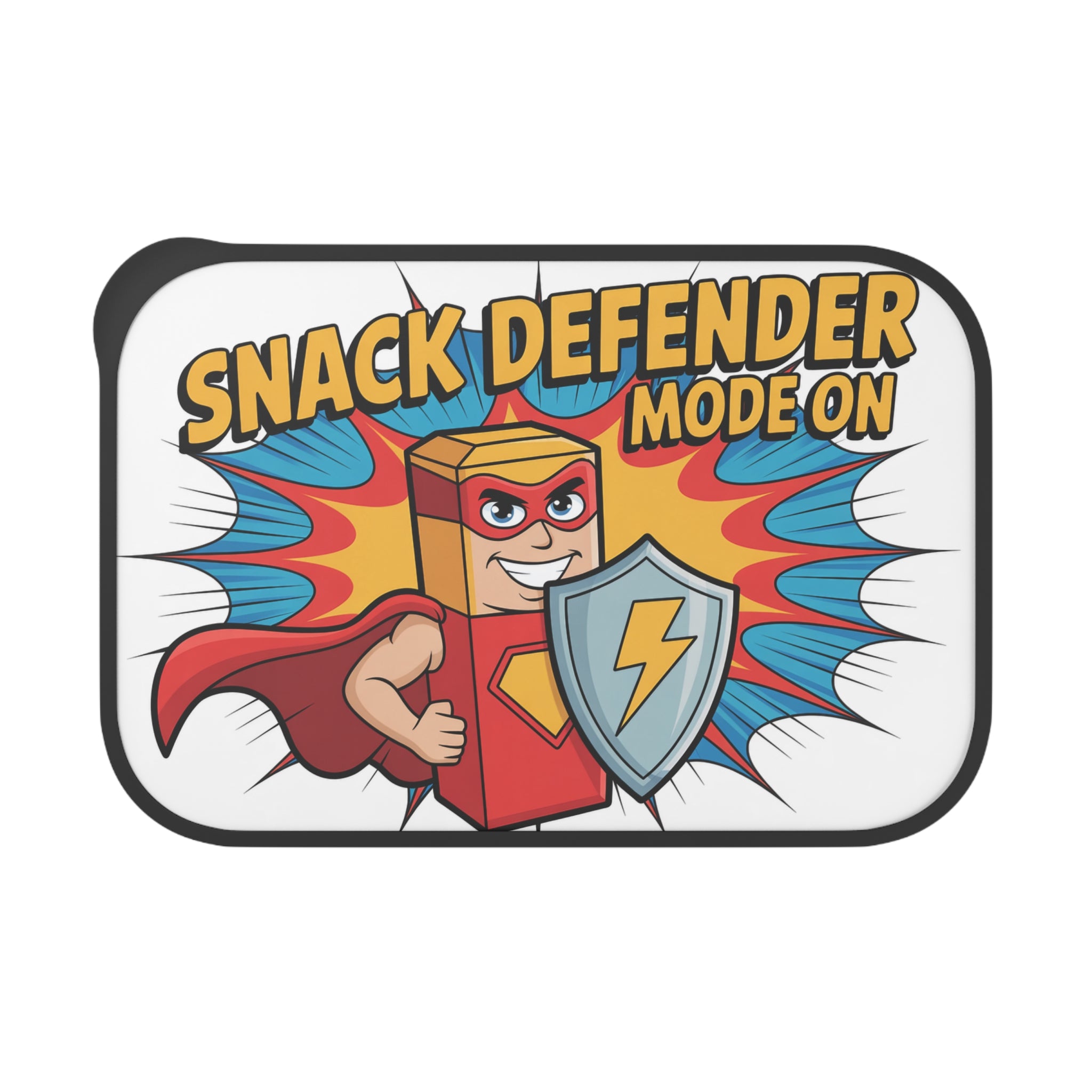 Snack Defender Mode On superhero character with shield.