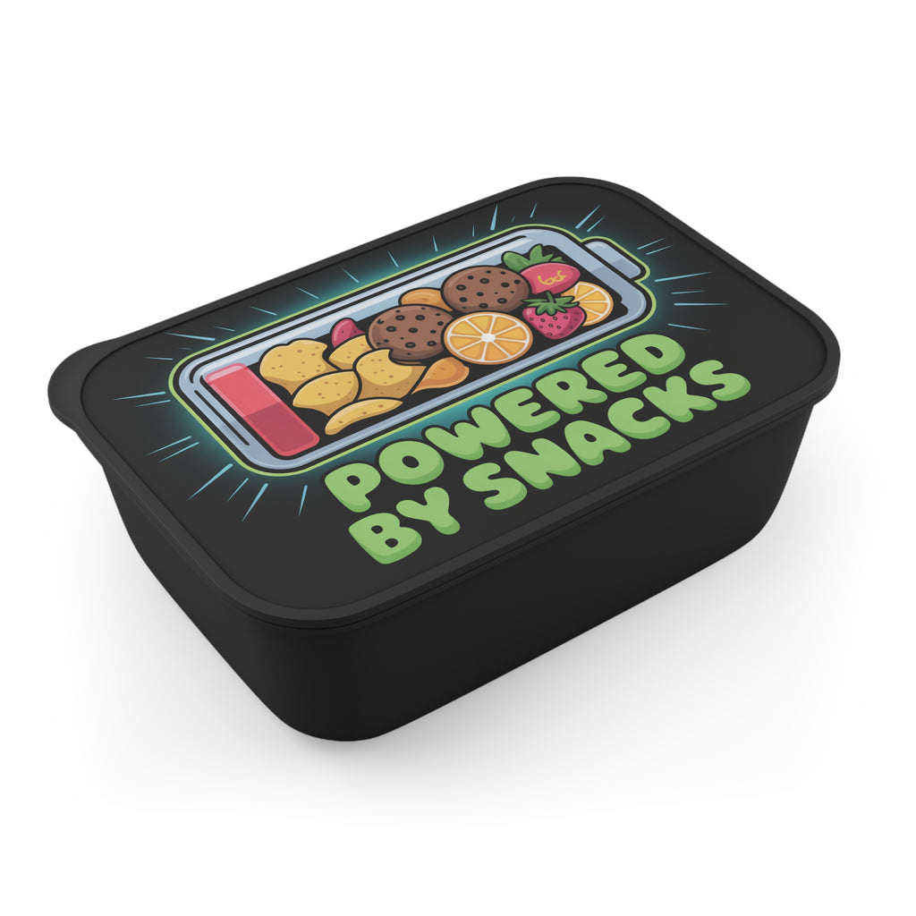 Black lunchbox with "POWERED BY SNACKS" text and cartoon snacks.