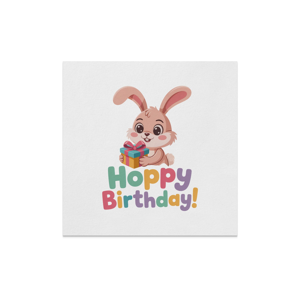 Cute bunny holding a gift box with "Hoppy Birthday!" text.