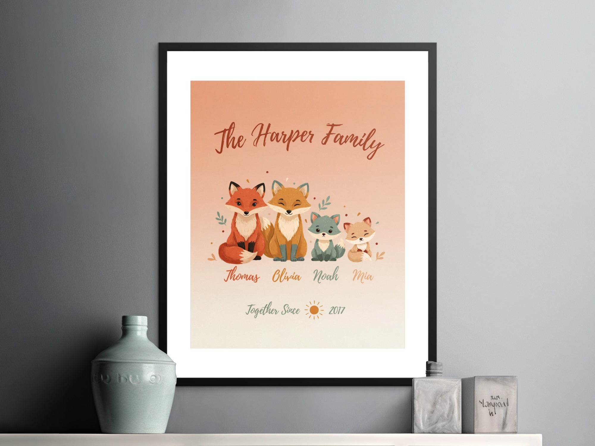 The Harper Family personalized print with foxes, names, and "Together Since 2017".