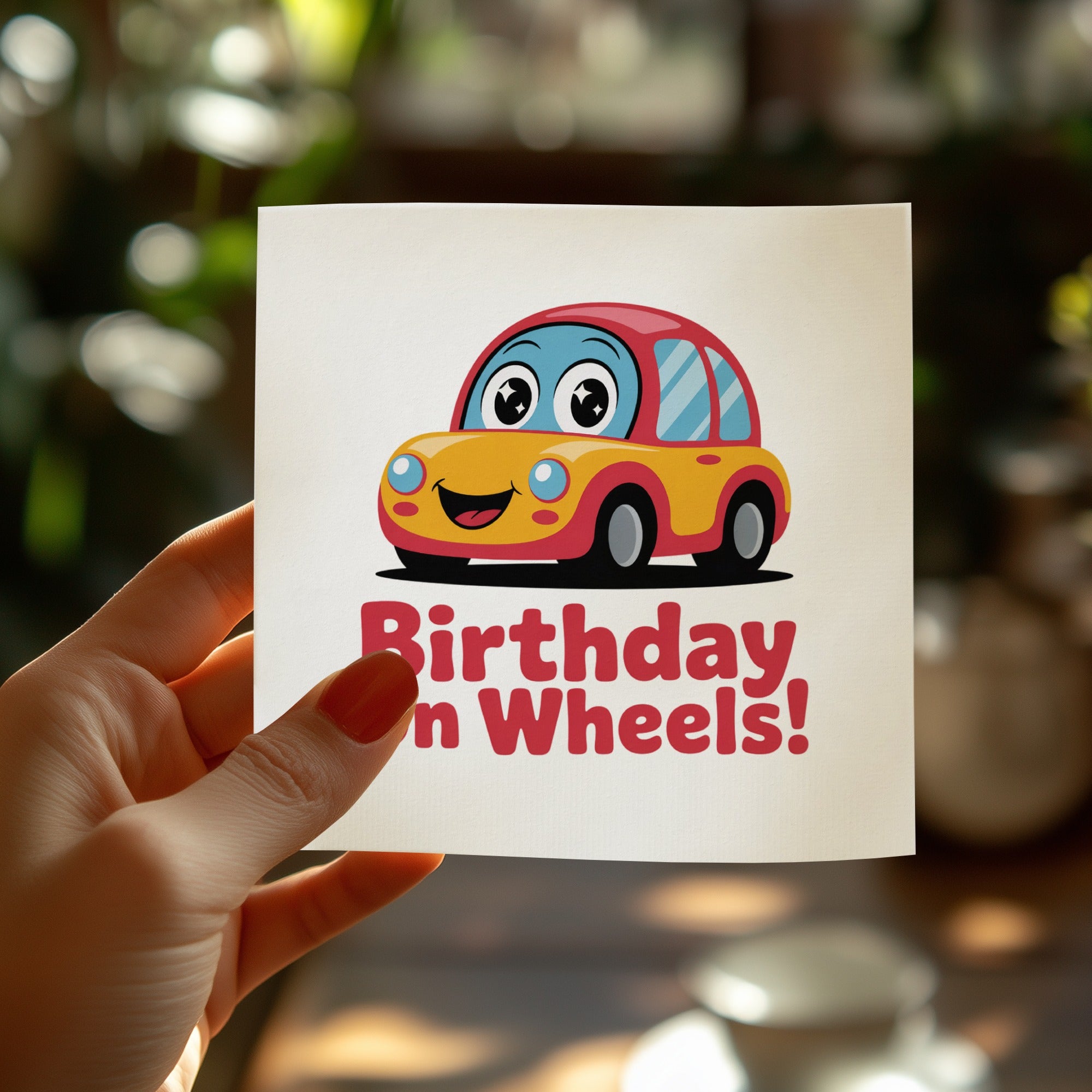Cartoon car with "Birthday on Wheels!" text on a greeting card.