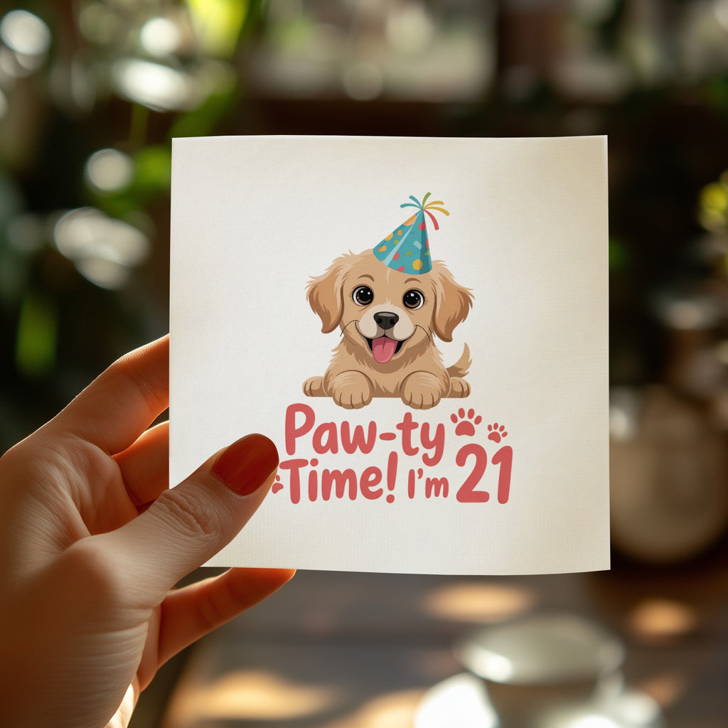 Dog wearing party hat, "Paw-ty Time! I'm 21" text.