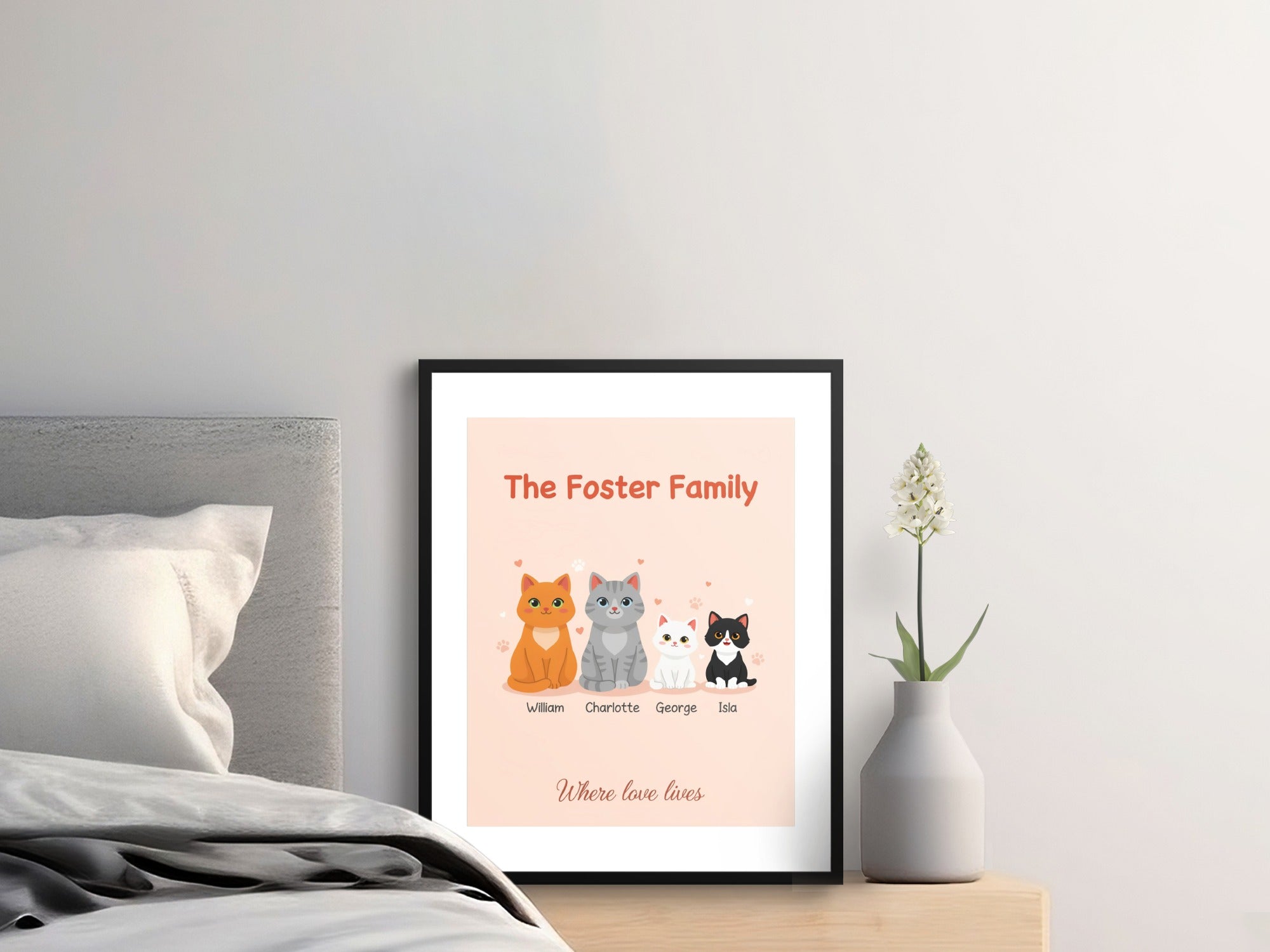Framed print featuring four cats with names William, Charlotte, George, Isla.