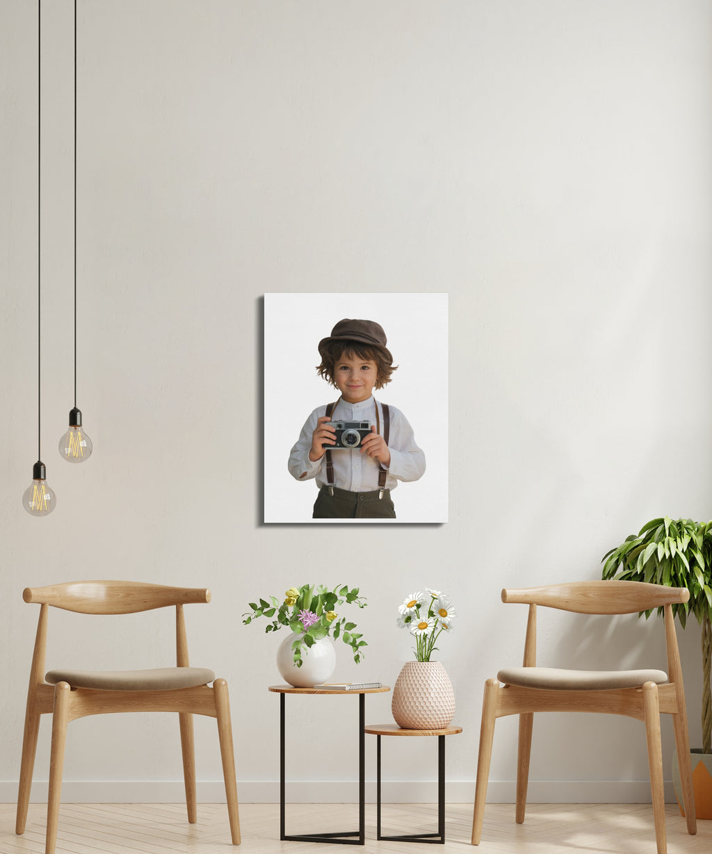 Young boy in hat holding vintage camera.