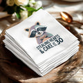 Napkin with raccoon holding cake, text "Stealing Hearts & Cake at 30".