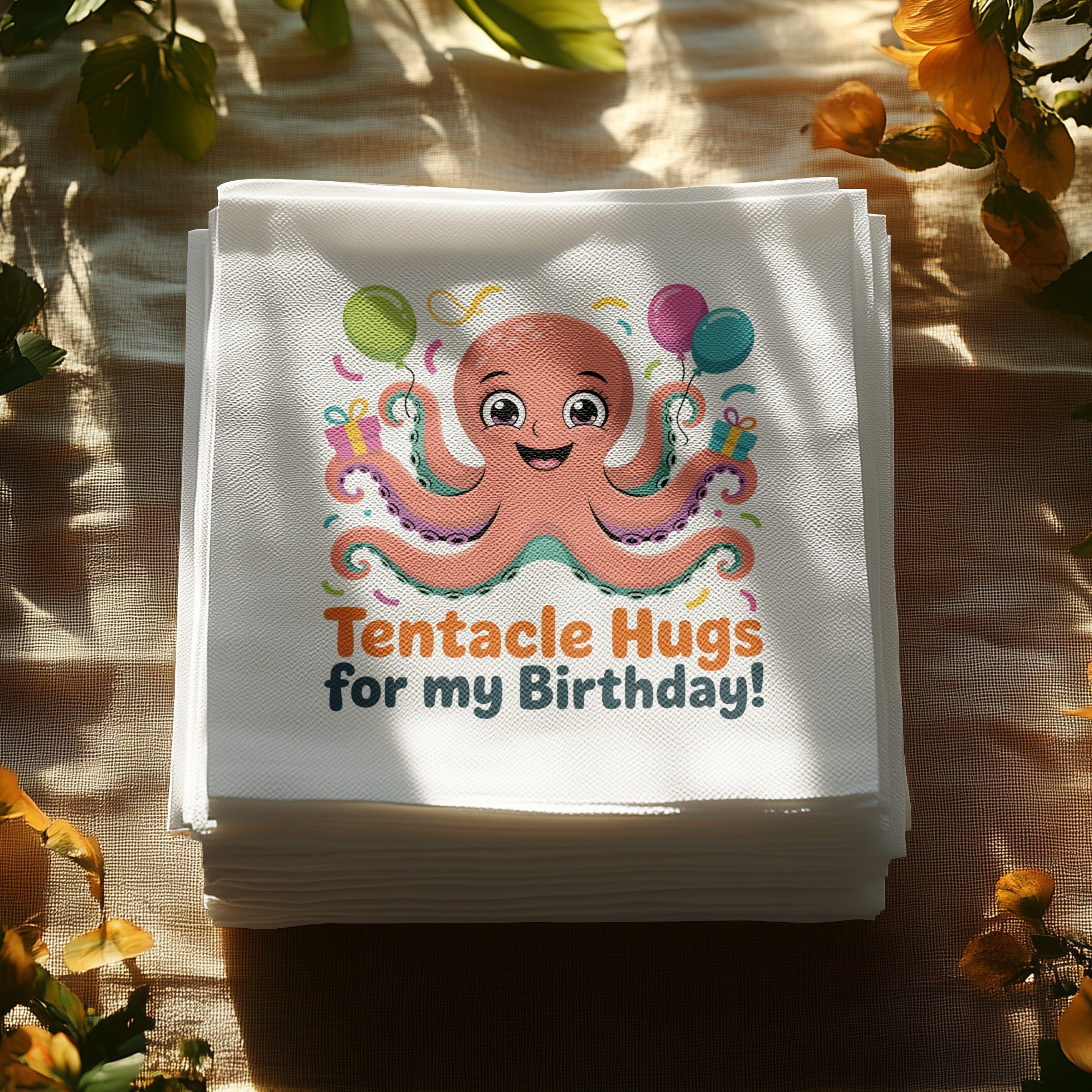 Napkins with a smiling octopus and "Tentacle Hugs for my Birthday!" text.