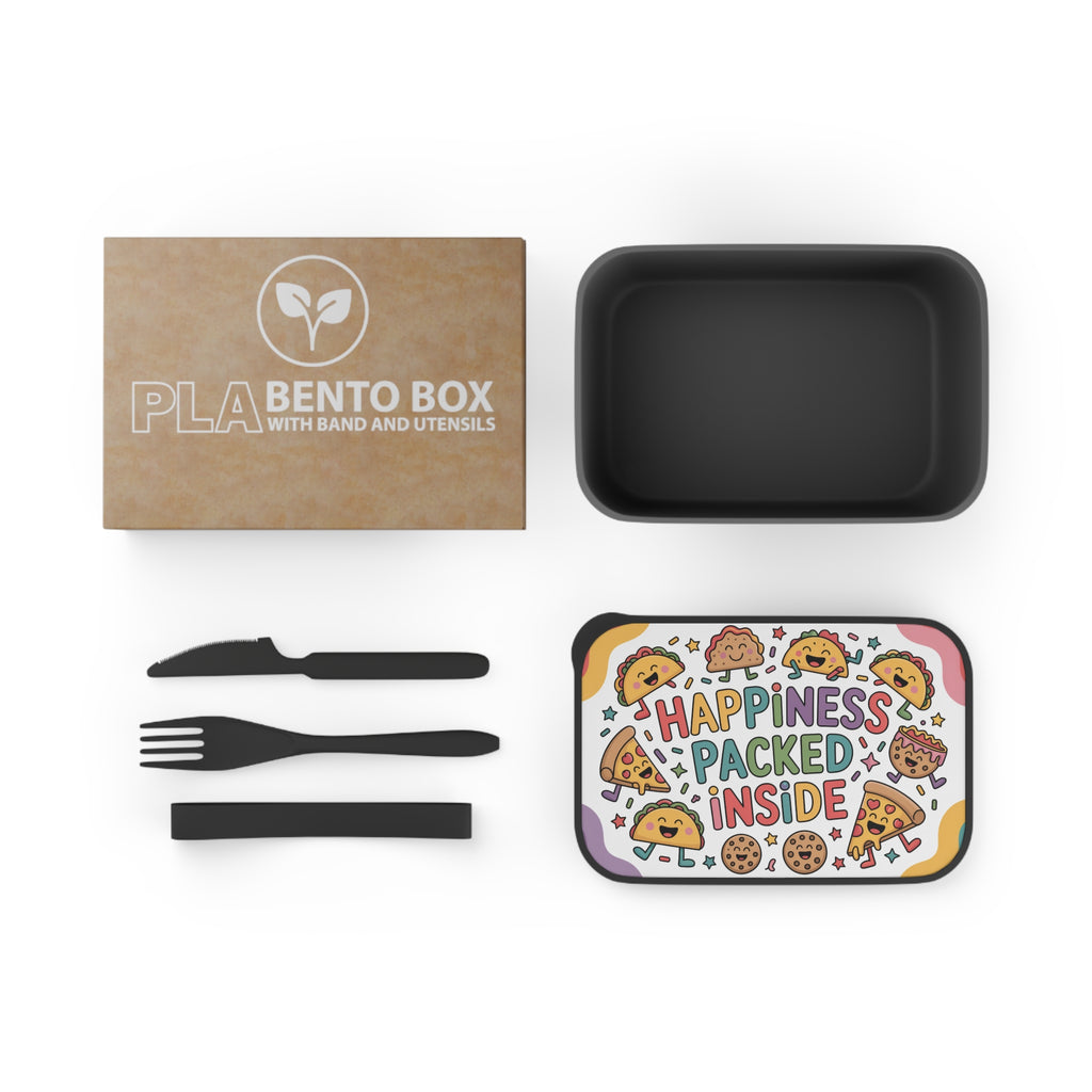 PLA bento box with cutlery and colorful lid featuring 'happiness packed inside' text.