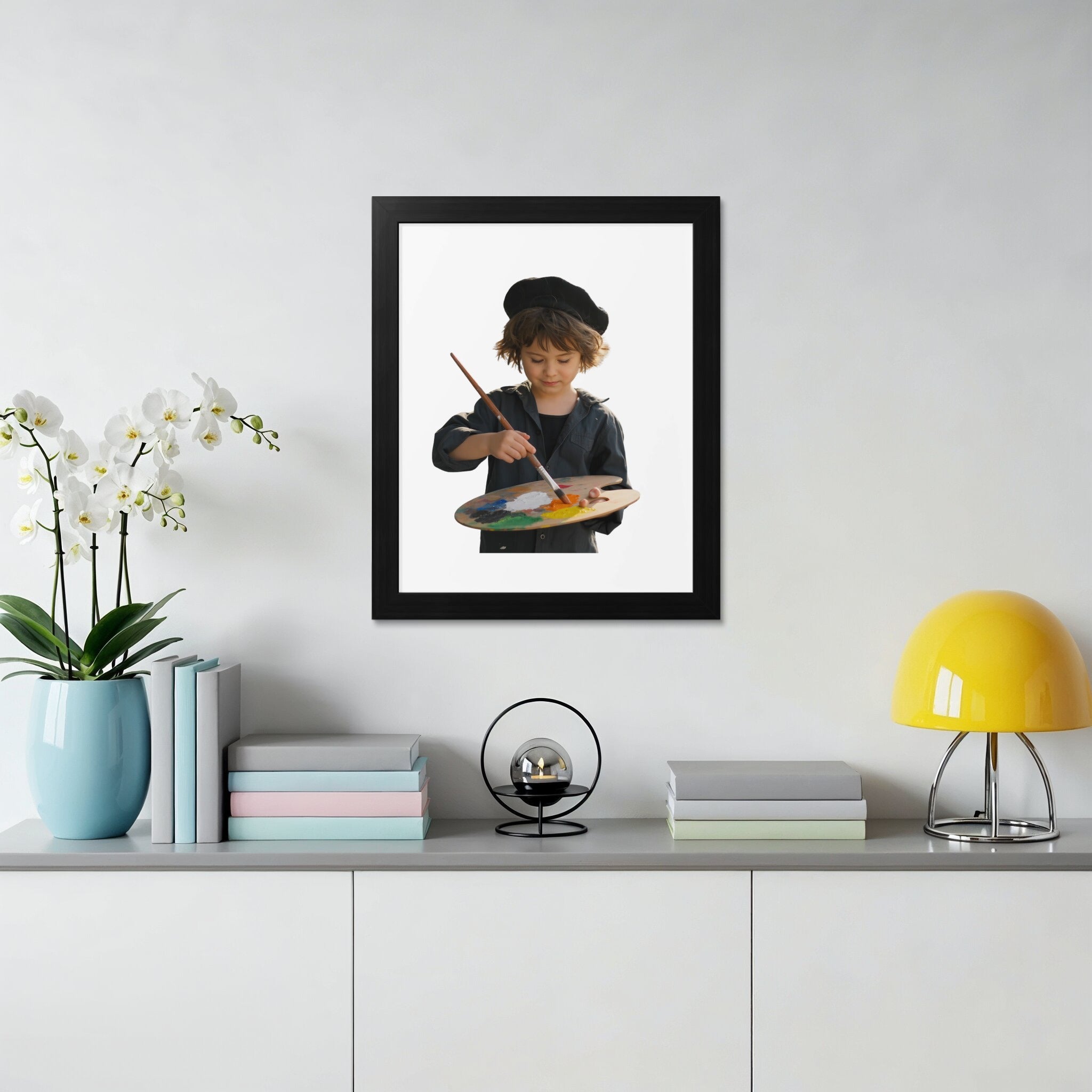 Child in beret paints on a palette with brushes and easel.