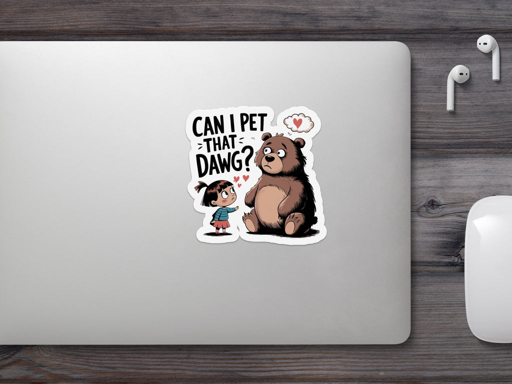 Bear with speech bubble asking "Can I pet that dawg?" with girl.