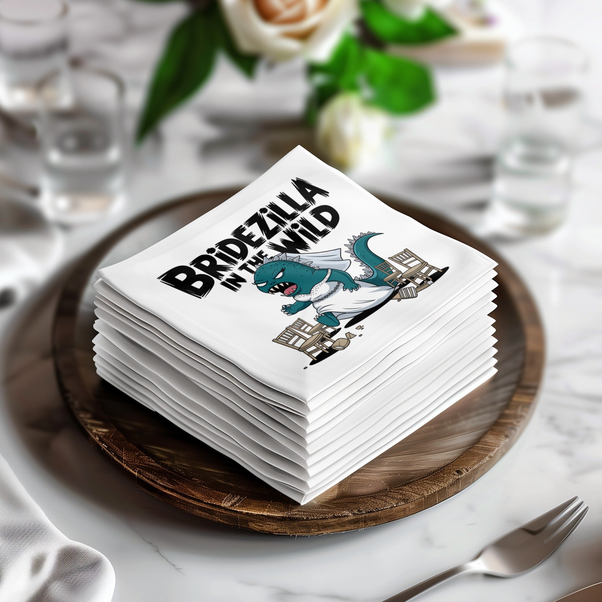 Bridezilla in the Wild napkin featuring a dinosaur in a wedding dress smashing furniture.