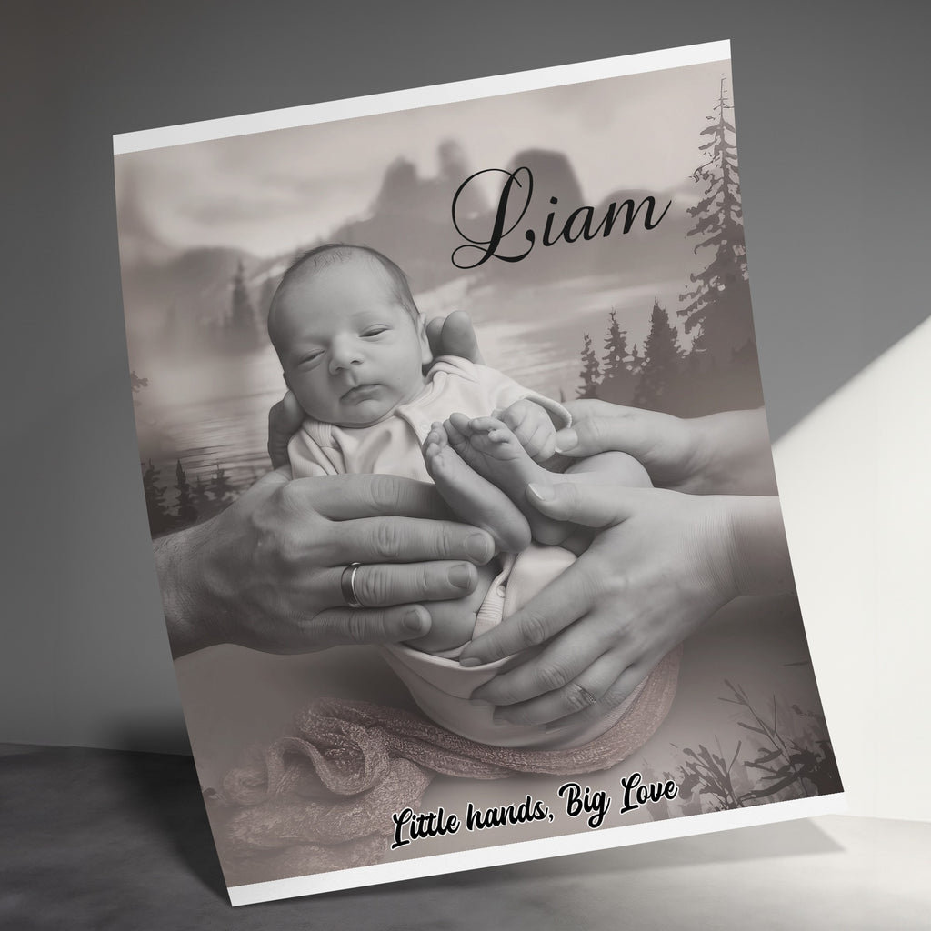 Black and white newborn baby held by parents' hands, with "Liam" and "Little hands, Big Love" text.