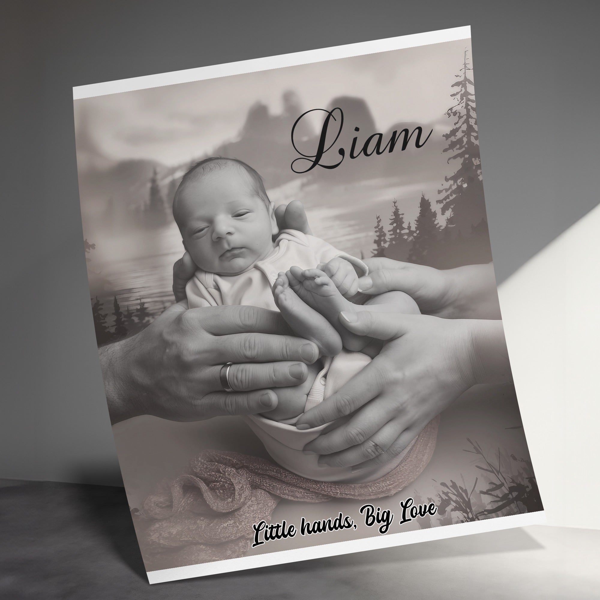 Black and white newborn baby held by parents' hands, with "Liam" and "Little hands, Big Love" text.