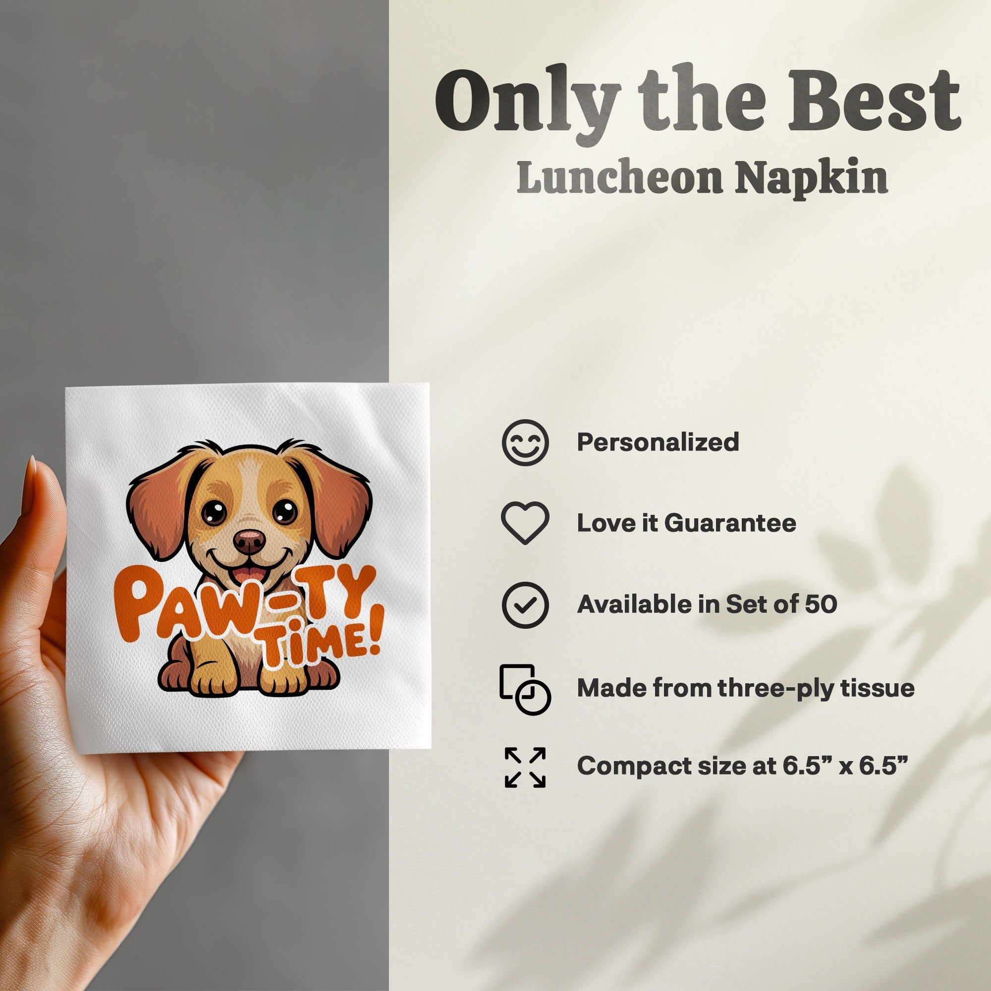 Luncheon napkin with "Pawty Time!" dog graphic, personalized and available in a set of 50.