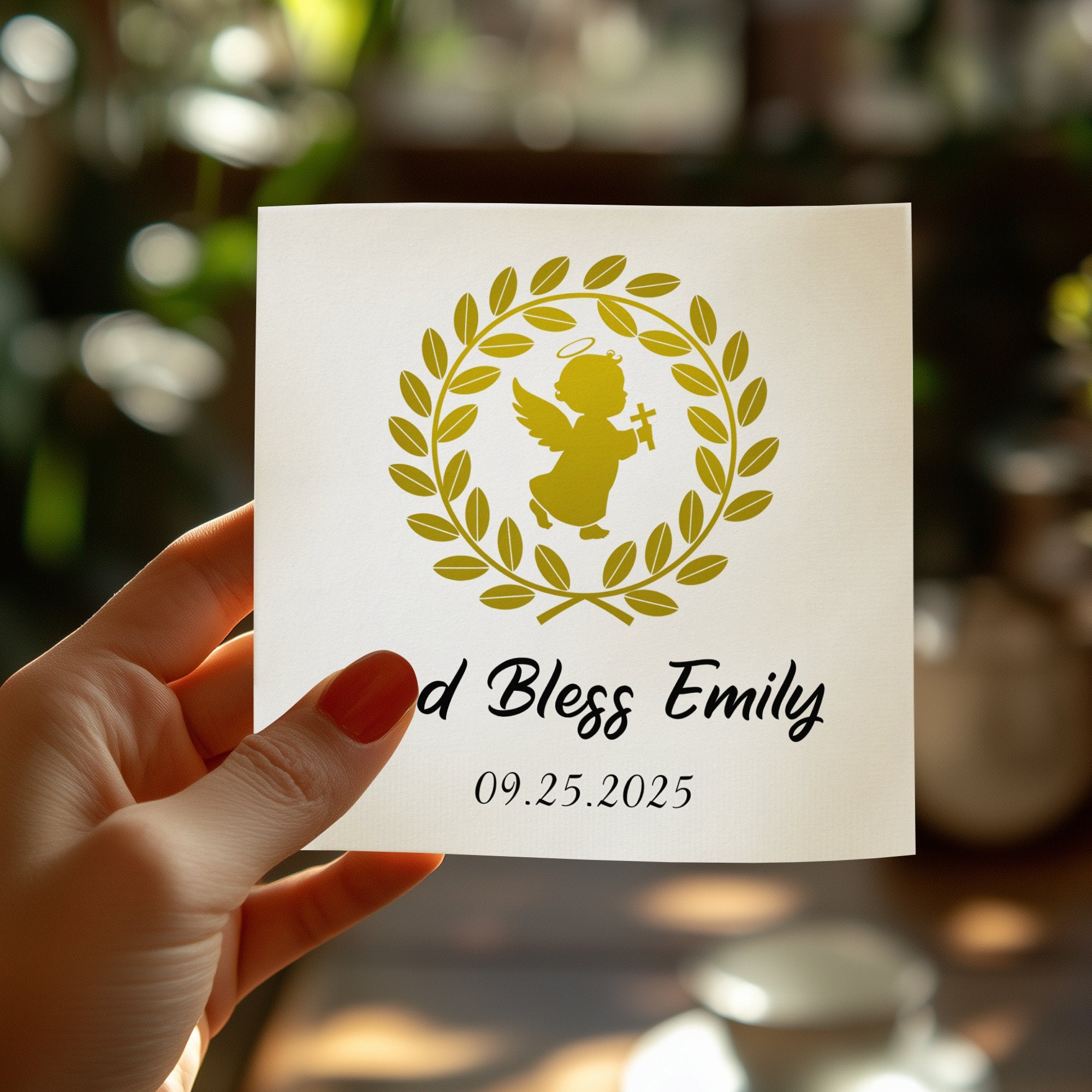 Card with golden angel, laurel wreath, and "God Bless Emily 09.25.2025".