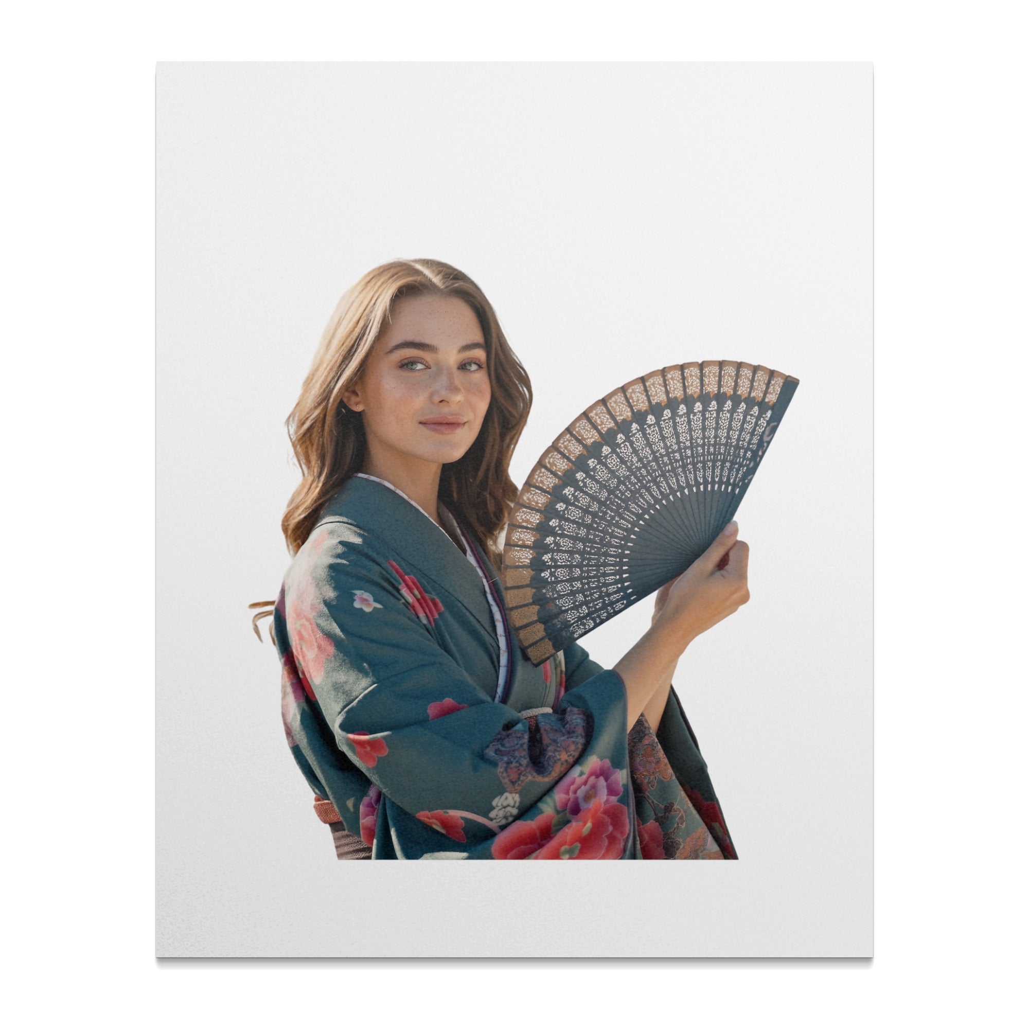 Woman in a floral kimono holding an open patterned fan.