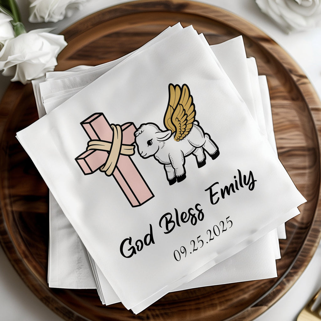 God Bless Emily 09.25.2025 with lamb and cross on napkins.