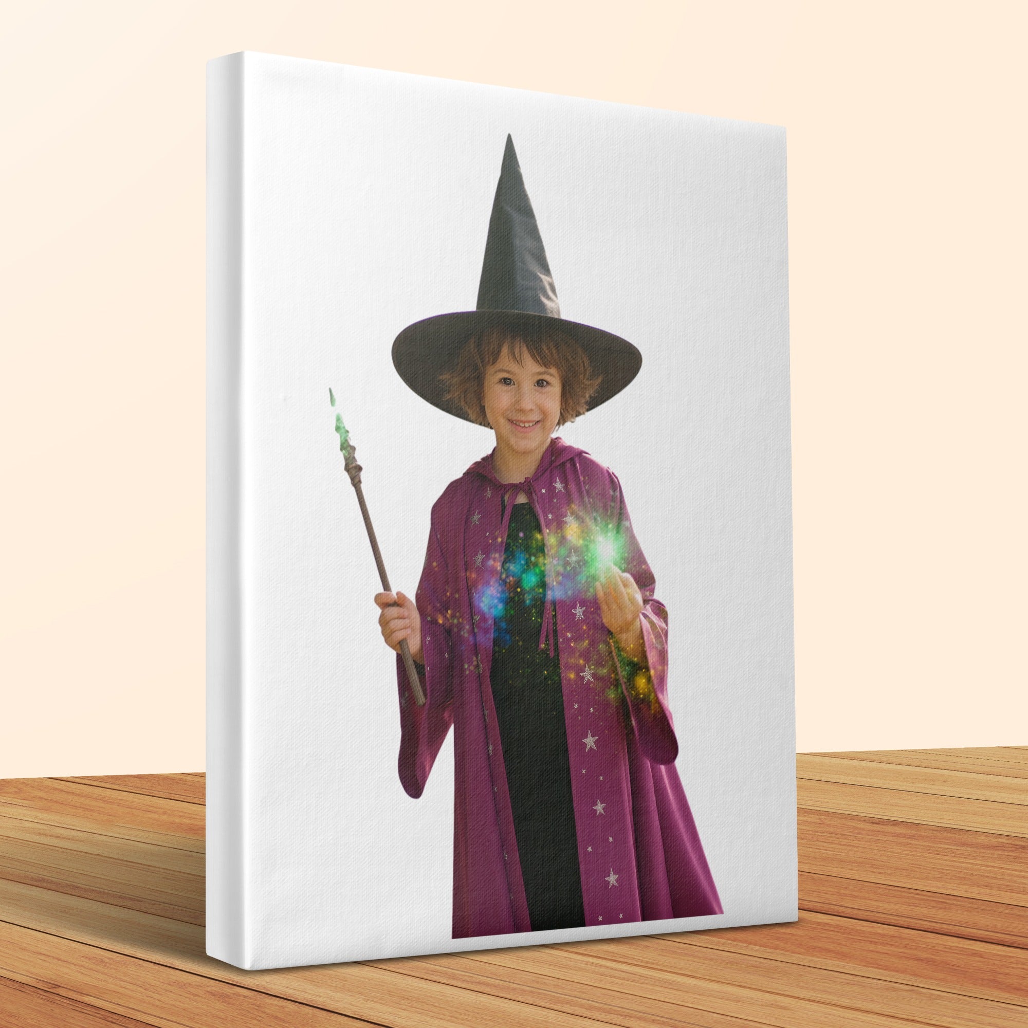 Young child in witch costume with wand, casting magical sparkles.