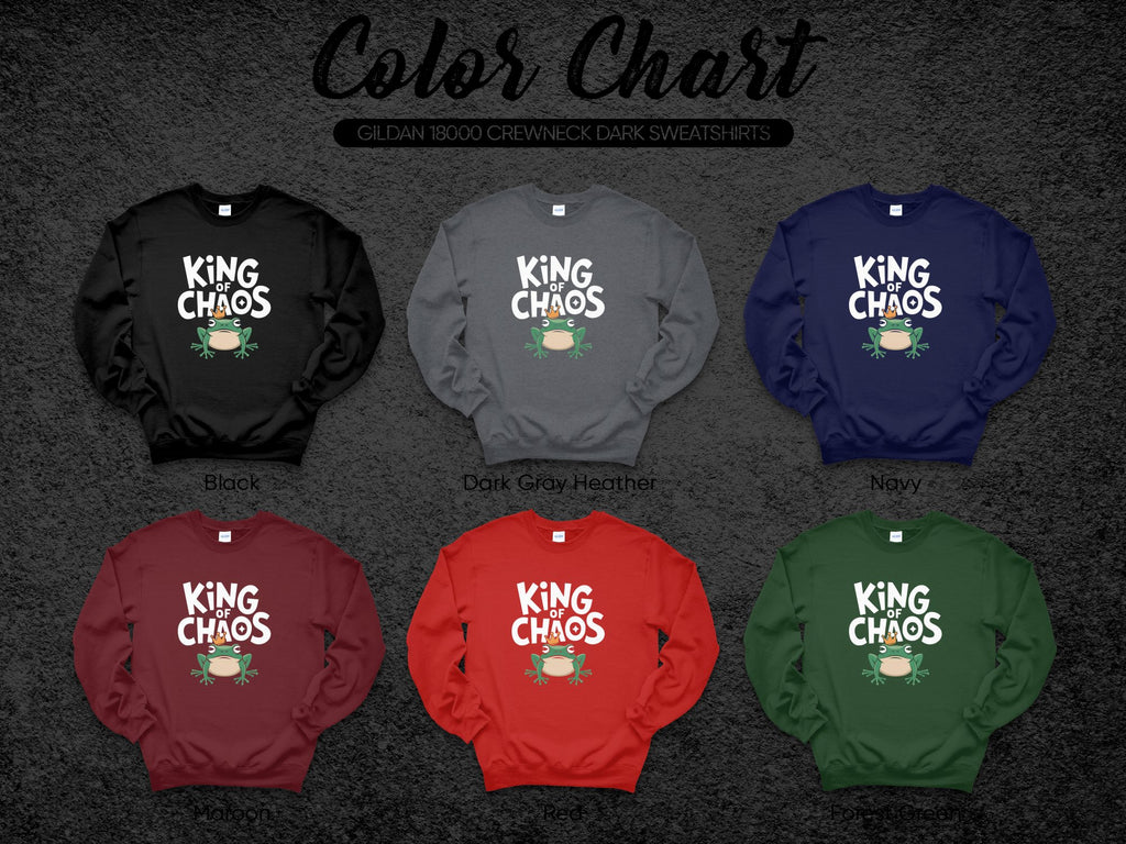 Gildan 18000 crewneck sweatshirt color chart with frog graphic.
