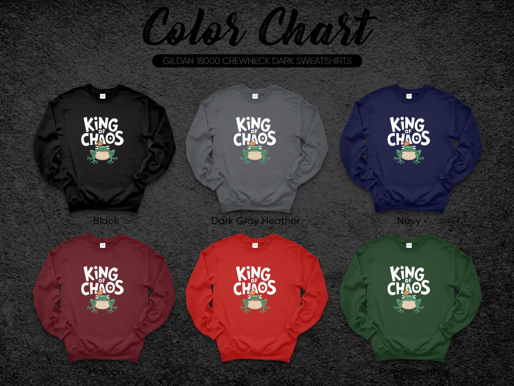 Gildan 18000 crewneck sweatshirt color chart with frog graphic.