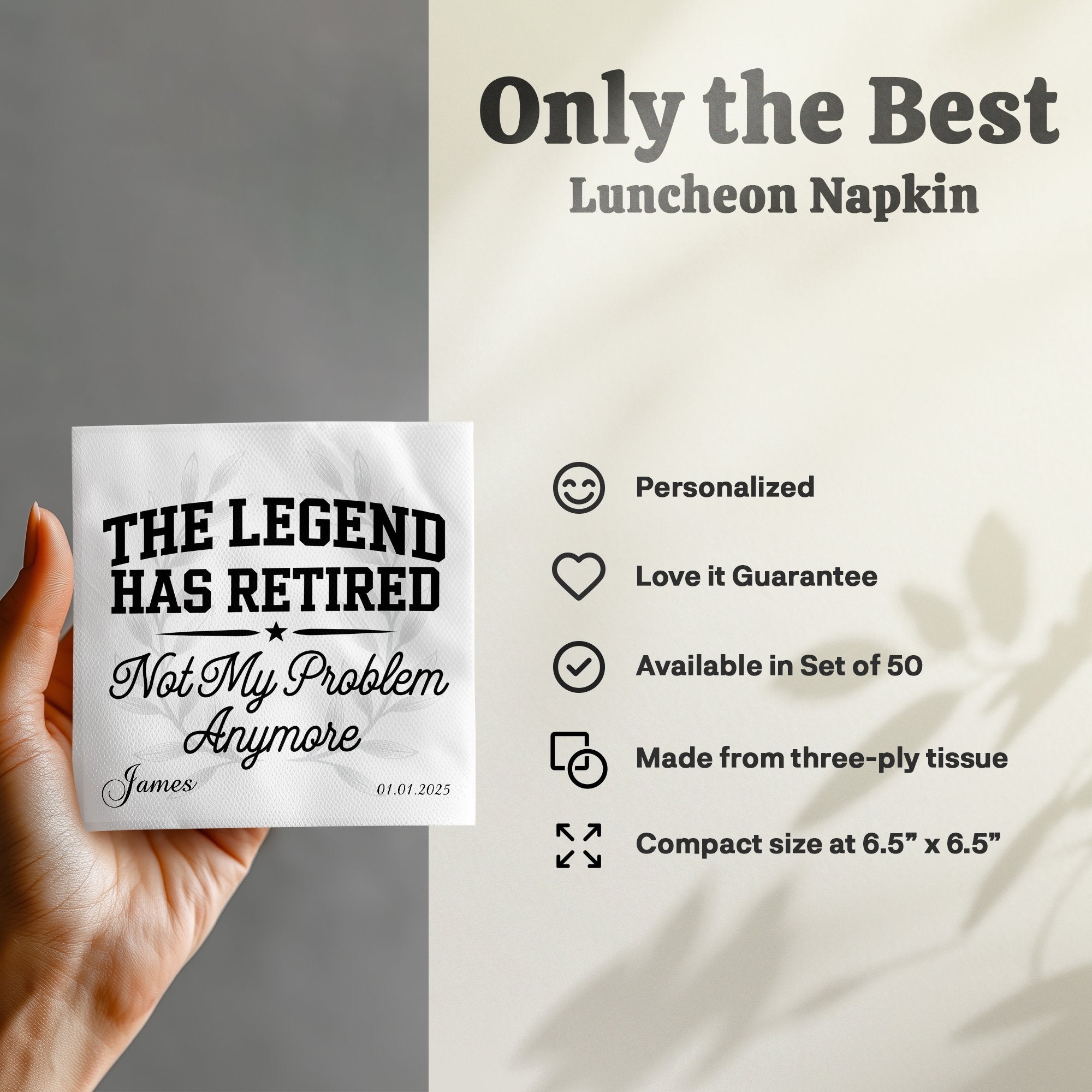 Luncheon napkin with "The Legend Has Retired" text and personalized name and date.