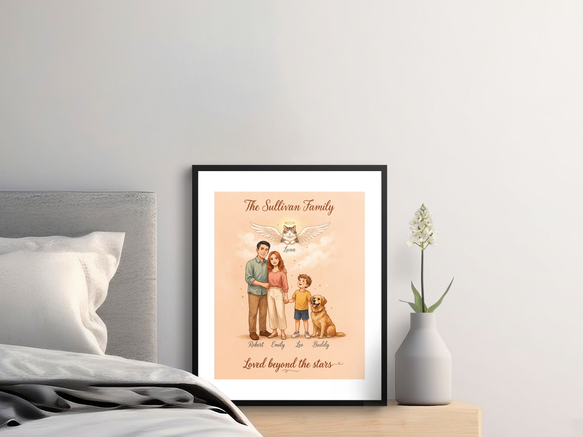 Custom family portrait with names and a winged cat above.