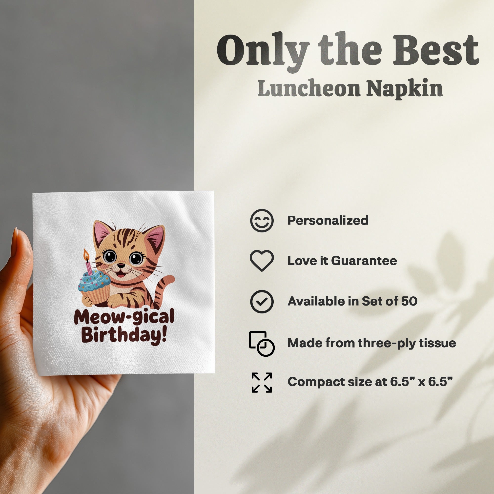 Luncheon napkin with a cat and "Meow-gical Birthday!" text.