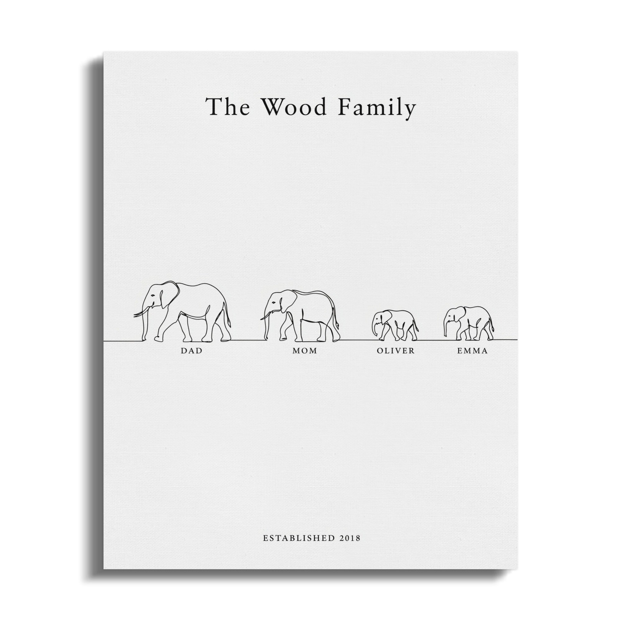 "The Wood Family" text above a line of four elephants labeled Dad, Mom, Oliver, Emma, and "Established 2018".