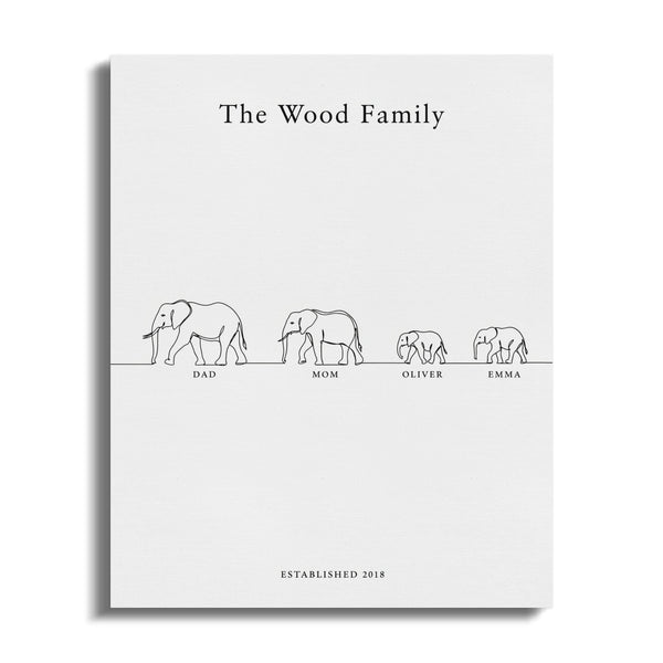 "The Wood Family" text above a line of four elephants labeled Dad, Mom, Oliver, Emma, and "Established 2018".