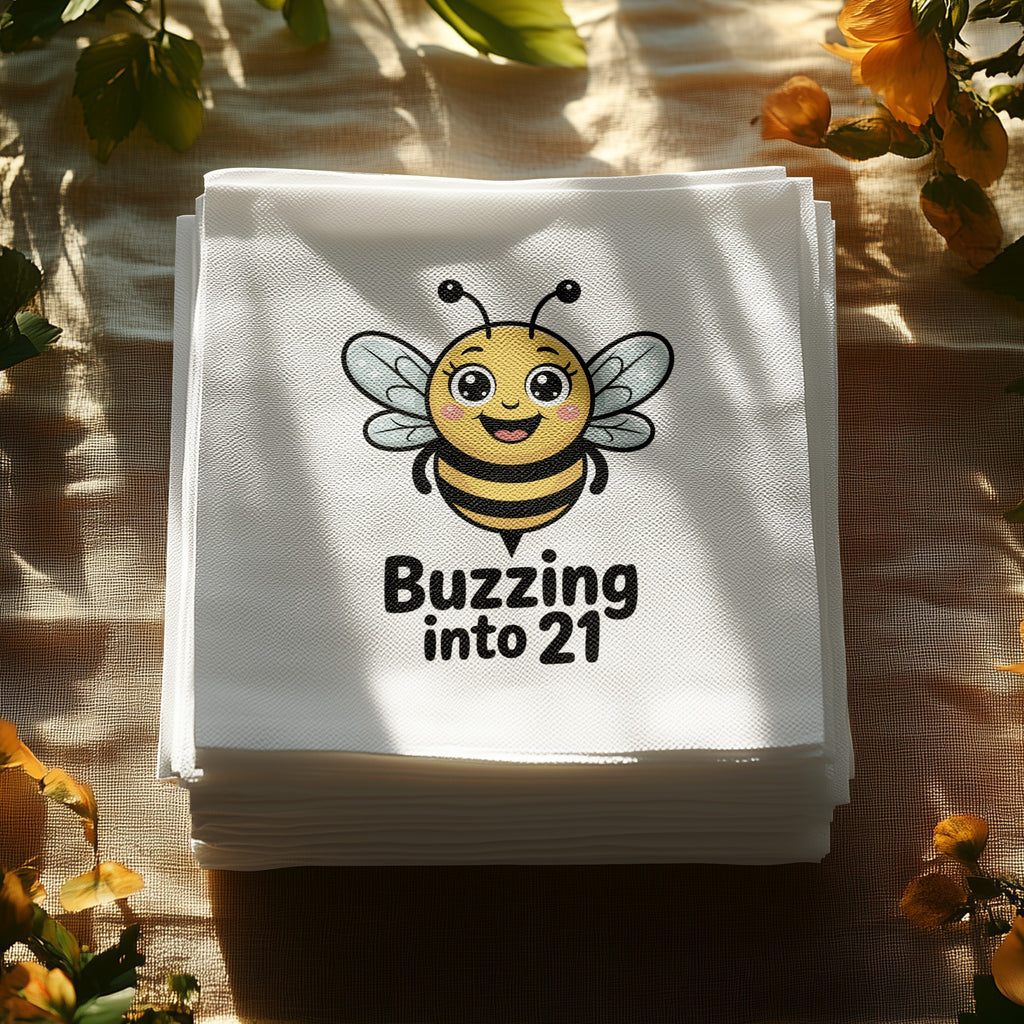 White napkins with "Buzzing into 21" and a bee illustration.