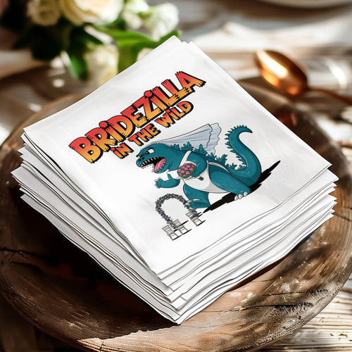 Bridezilla in the Wild cocktail napkin featuring a Godzilla-like creature as a bride.