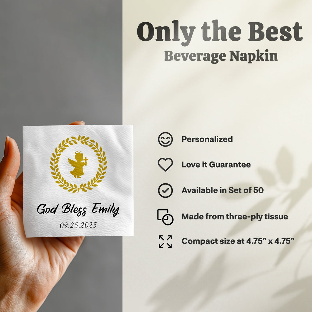 Beverage napkin with "God Bless Emily" and date, featuring a golden angel emblem.