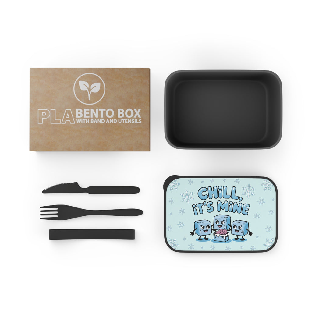 PLA Bento Box with utensils, featuring a cute ice cube graphic that says "Chill, it's mine."