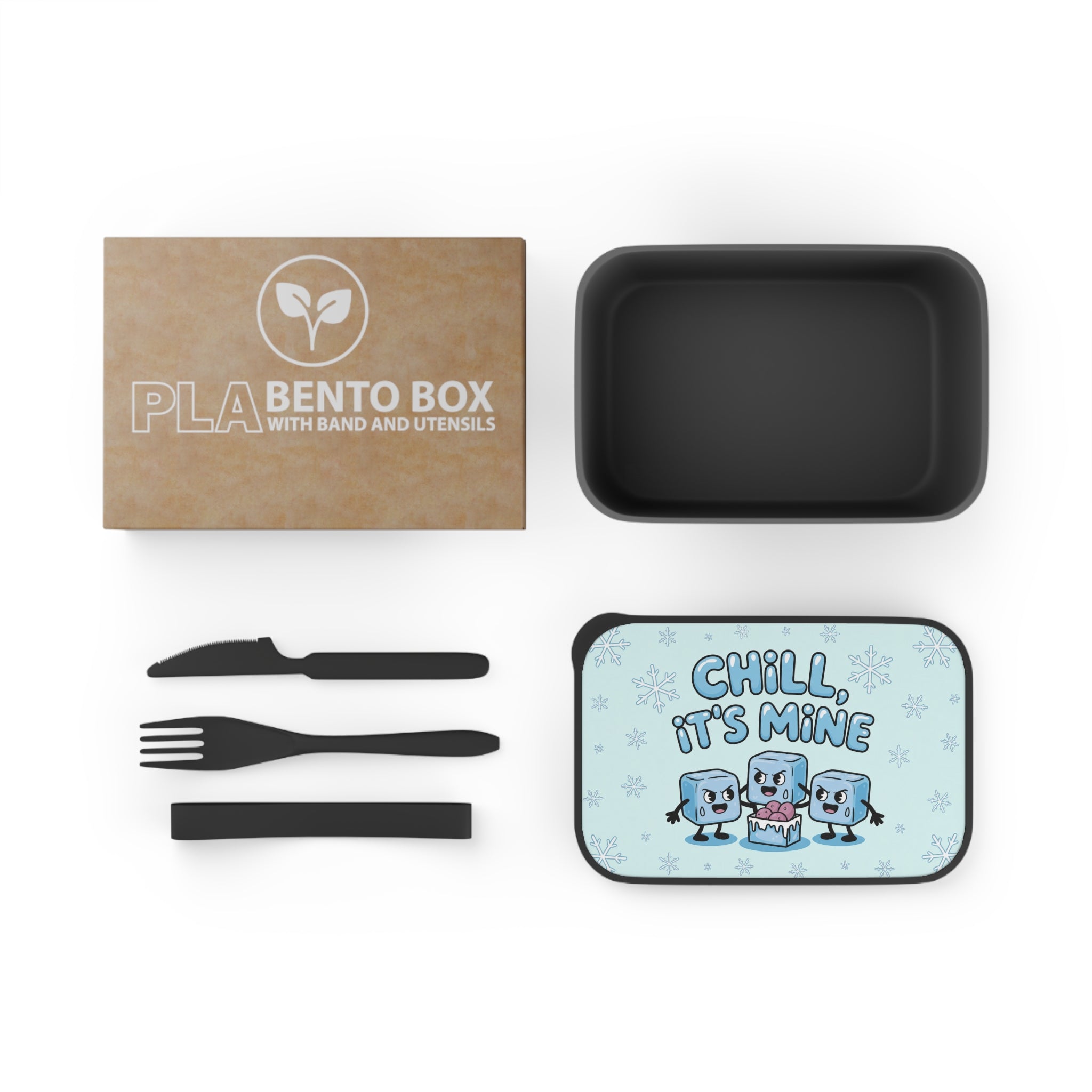 PLA Bento Box with utensils, featuring a cute ice cube graphic that says "Chill, it's mine."